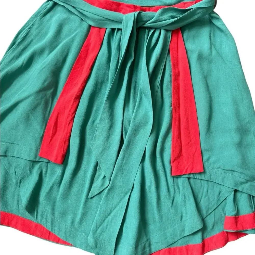 Umgee Colorblock Teal & Coral Asymmetrical Layered Mini Skirt Size Large